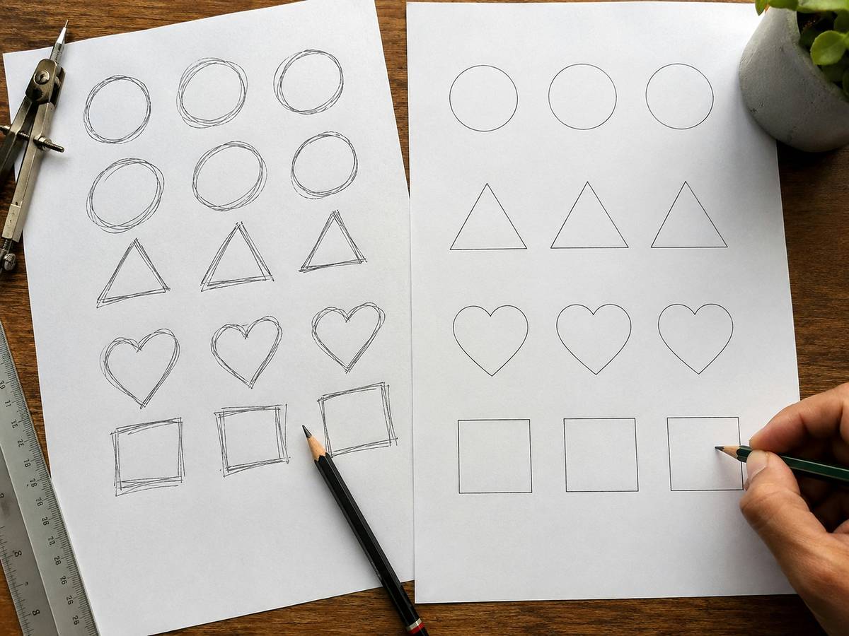 Side-by-side comparison: left shows symbolic beginner sketch of a face (two dots for eyes, curved line for mouth); right shows perceptual sketch with accurate negative space, proportion, and tonal gradation